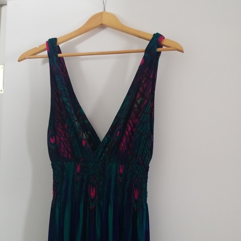 Peacock patterned maxi dress.